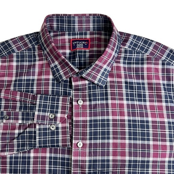 Untuckit Rustico Mens Burgandy Blue Plaid Long Sleeve Button Front Shirt‎ XL - Picture 1 of 5